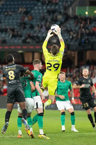 stock image MELBOURNE, AUSTRALIA - MAY 24: Mark Gillespie of Newcastle United saves whilst playing A-League All Stars Men during the Global Football Week at Marvel Stadium on May 24, 2024 in Melbourne, Australia