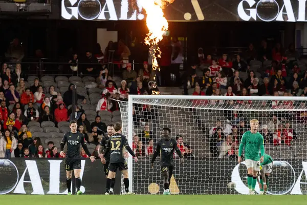 Stock image MELBOURNE, AUSTRALIA - MAY 24: A-League All Stars Men celebrate scoring against Newcastle United during the Global Football Week at Marvel Stadium on May 24, 2024 in Melbourne, Australia