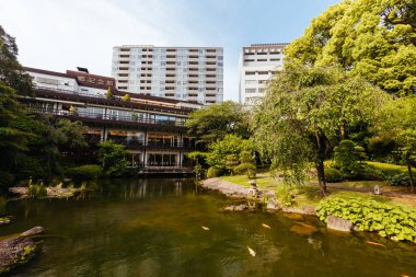 TOKYO, JAPONYA - 12 Mayıs 2019 - Japonya 'nın orta kesimindeki Harajuku' nun arka sokaklarındaki Kamiike tapınağı