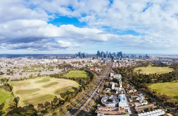 stock image Aerial view of Melbourne skyline on a cool winters day from Parkville in Victoria, Australia