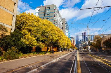 MELBOURNE, AUSTRALIA - MAY 05, 2024 - The corner of Swanston St and Elgin St during autumn at Melbourne University Parkville campus in Melbourne, Victoria, Australia clipart