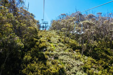 THREDBO, AUSTRALIA - DECEMBER 15 2023: Chairlifts for mountain biking summer season at Thredbo on a warm summers day in the Snowy Mountains, New South Wales, Australia clipart