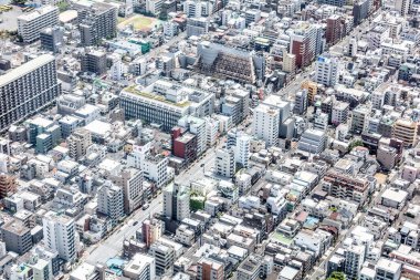Tokyo siluetinin dünyanın en yüksek kulesi olan Tokyo Skytree'den, Tokyo şehir merkezinde çekilmiş bir hava fotoğrafı, Japonya