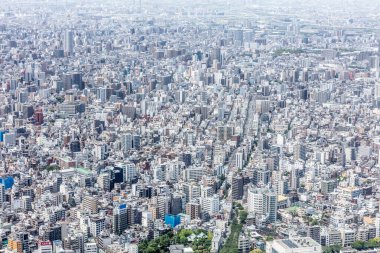 Tokyo siluetinin dünyanın en yüksek kulesi olan Tokyo Skytree'den, Tokyo şehir merkezinde çekilmiş bir hava fotoğrafı, Japonya