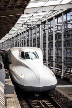 KYOTO, JAPAN - SEPTEMBER 24 2024: A Shinkansen high-speed bullet train arriving at Kyoto Station in Kyoto, Japan clipart