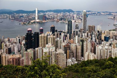 HONG KONG, Çin - 29 Eylül 2024: Hong Kong Adası ve Çin 'deki Kowloon' a bakan Lugard Yolu 'ndan gün batımına doğru ikonik manzara