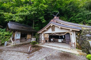 TOGAKUSHI, JAPONYA 19 Eylül 2024: Japonya 'nın Nagano yakınlarındaki sıcak bir sonbahar öğleden sonrasında Yukarı Togakushi Tapınağı çevresi