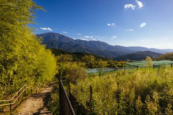 Japonya 'nın Gifu ilinde Magome ve Tsumago arasında Nakasendo Yolu' nun bir parçası olarak ünlü Magome-Tsumago Patikası 'nda yürüyüş yolu manzarası.