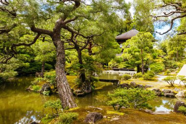 Japonya 'nın Kyoto kentindeki Gümüş Pavilyon Ginkakuji Tapınağı' ndaki çarpıcı mimari ve bahçeler.