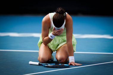 MELBOURNE, AUSTRALIA - JANUARY 09: Kimberly Birrell of Australia celebrates beating Oksana Selekhmeteva of Russia in final qualifying for the 2025 Australian Open at Melbourne Park on January 9, 2025 clipart