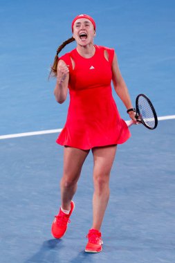 MELBOURNE, AUSTRALIA - JANUARY 18: Elina Svitolina of Ukraine celebrates beating Jasmine Paolini of Italy on day seven of the 2025 Australian Open at Melbourne Park on January 18, 2025 in Melbourne clipart