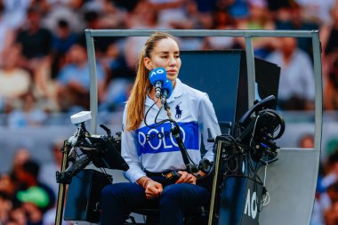 MELBOURNE, AUSTRALIA - JANUARY 19: Marijana Veljovic umpires the match between Ugo Humbert of France and Alexander Zverev of Germany on day eight of the 2025 Australian Open at Melbourne Park on clipart