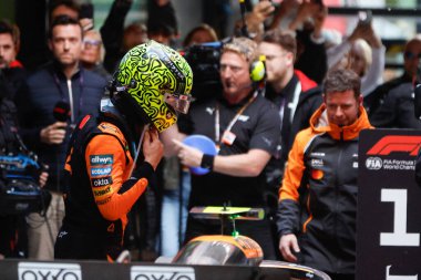 Büyük Britanya ve McLaren Formula 1 takımlarından Lando Norris, Avustralya 'nın Melbourne kentindeki Albert Park' taki takımıyla Avustralya Formula 1 Grand Prix 'sini kazanmasını kutluyor.