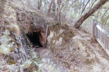 Altın Miras içinde Johnsons Madeni Warrandyte, Victoria, Avustralya 'da sıcak bir sonbahar gününde Warrandyte State Park' taki Dördüncü Tepe Altın Anıtı 'nın etrafında yürüyüş.