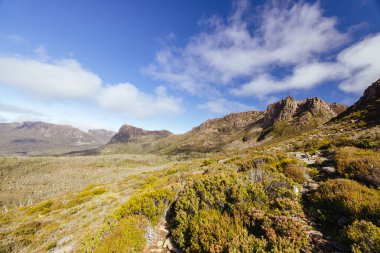 Ossa Dağı 'nın geniş manzarası ve Cradle Dağı, Tazmanya, Avustralya' da açık bir sonbahar öğleden sonrası çevresi