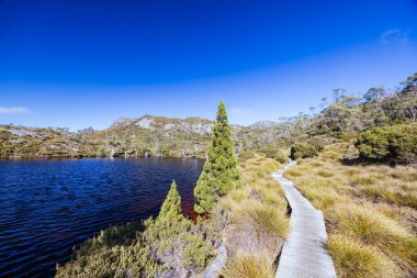Beşik Dağı, Tazmanya, Avustralya 'da, sıcak bir sonbahar sabahı, Wombat Havuzu' nun üzerindeki dağ manzarası.