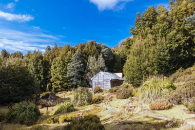 Patrick Joseph Paddy Hartnett tarafından Overland Pisti 'nde inşa edilen Iconic Du Cain Hut bölgedeki en eski yapıdır. Sıcak bir sonbahar sabahı, Cradle Mountain, Tazmanya, Avustralya 'da çekilmiş.