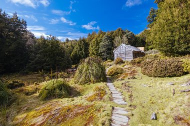 Patrick Joseph Paddy Hartnett tarafından Overland Pisti 'nde inşa edilen Iconic Du Cain Hut bölgedeki en eski yapıdır. Sıcak bir sonbahar sabahı, Cradle Mountain, Tazmanya, Avustralya 'da çekilmiş.