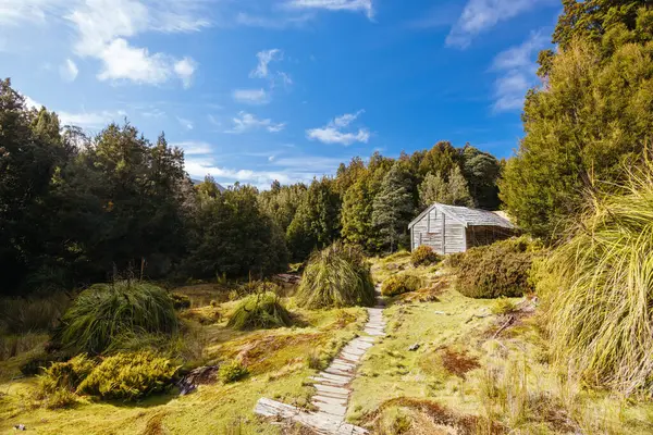 Patrick Joseph Paddy Hartnett tarafından Overland Pisti 'nde inşa edilen Iconic Du Cain Hut bölgedeki en eski yapıdır. Sıcak bir sonbahar sabahı, Cradle Mountain, Tazmanya, Avustralya 'da çekilmiş.