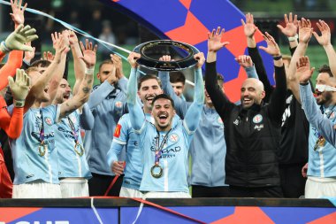 MELBOURNE, AUSTRALIA - 31 Mayıs: Melbourne City ve Marco Tilio, 31 Mayıs 2025 tarihinde Melbourne, Avustralya 'da Melbourne City ile Melbourne Victory arasında oynanan A-League Erkekler Grand Final maçını kutladılar..