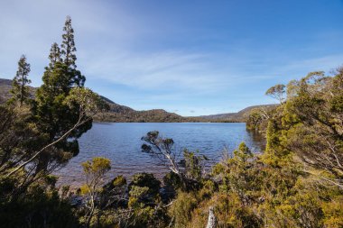 Scott Kilvert Memorial Hut yakınlarındaki Cradle Mountain, Tazmanya, Avustralya 'da sıcak bir sonbahar sabahı bulunan Rodway Gölü.