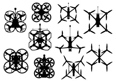 Fpv drone vektör silueti. Grafikler için kuadrokopter hava aracı simgesi ayarlandı.