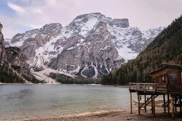 Lake Lago Braies Dolomiti Mountains South Tyrol Italy Dock Romantic — Stock Photo, Image