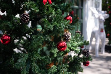 Kapalı Noel ağacı süslemeleri, süslerle süslenmiş Noel ağacı, ağaçta asılı kırmızı toplar ve çam kozalakları.