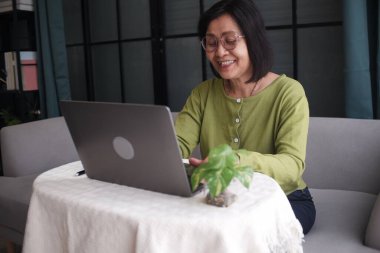 Evde dizüstü bilgisayar kullanan, kanepede yalnız oturan son sınıf kadınları..