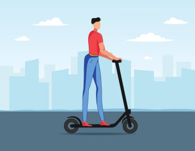 Elektrikli scooter kullanan genç bir adam. modern şehir ulaşımı 