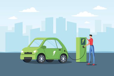 Elektrikli araba şarj istasyonunda aküyü şarj ediyor. İllüstrasyon vektör dosyası. E-hareketlilik