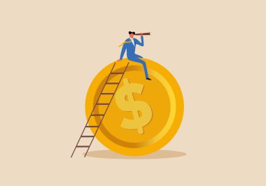 Ekonomi tahmini ya da vizyon, dünya mali ya da ekonomik durgunluk, gelecekteki konsepti görmek isteyen iş adamı yatırımcı, teleskopta temiz bir vizyon için bir dolar madeni para basıyor..