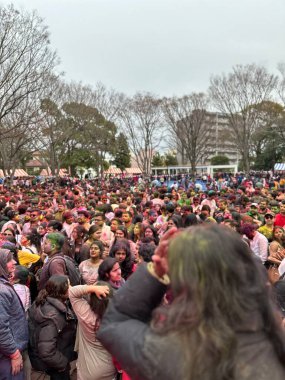 Tokyo, Japan - 23 Mar 2024: Indian crowd celebrating Holi Festival at Shinden-no-Mori Park at Rang barse Tokyo Holi event 