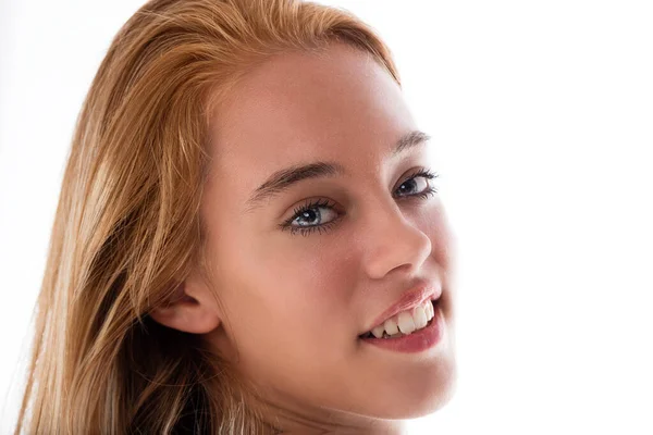Retrato Idealizado Cerca Una Chica Rubia Con Más Ojos Azules — Foto de Stock