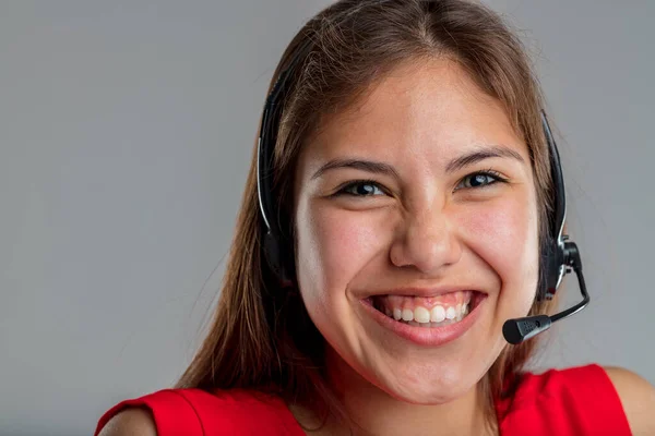 Girl Headset Experiences Irrepressible Joy Responding Customer Requests Embarrassment Contact — Stock Photo, Image