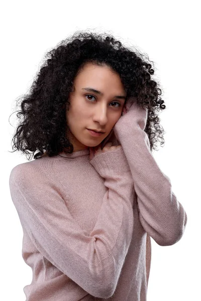 Portrait Young Curly Haired Woman Pink Wool Sweater She Very — Stock Photo, Image