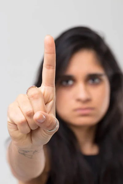 Blurred Image Indian Girl Foreground Perfectly Focus Index Finger Her — Stock Photo, Image