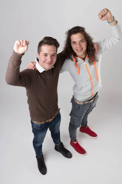 Couple Young Men Seen Embrace Exult Raising Arms Win Some — Stock Photo, Image