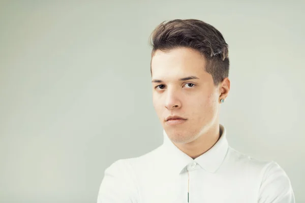 Horizontal Portrait Young Man Short Hair Serious Expression Has Both — Stock Photo, Image