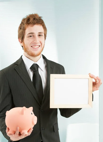 Copyspace Savings Concept Young Smiling Businessman Holds White Sign Available — Stock Photo, Image