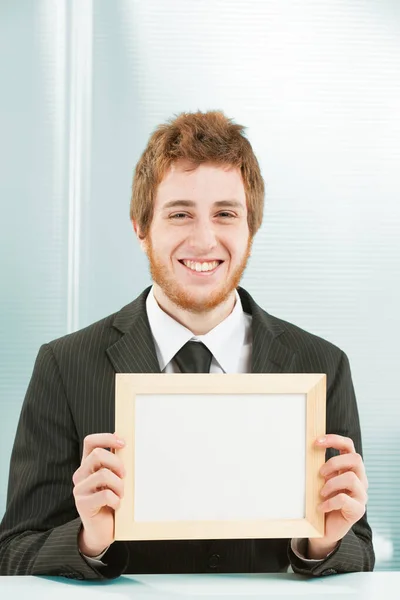 Young Man Very Smiling Sign Hand Sitting Desk Office Business — Stock Photo, Image