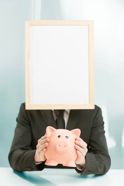 Office Workplace Sign Headed Man Framed Light Wood Holds Piggy — Stock Photo, Image