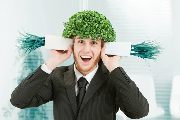 Clerk Office Makes Super Smiling Elated Face Has Leafy Foliage — Stock Photo, Image