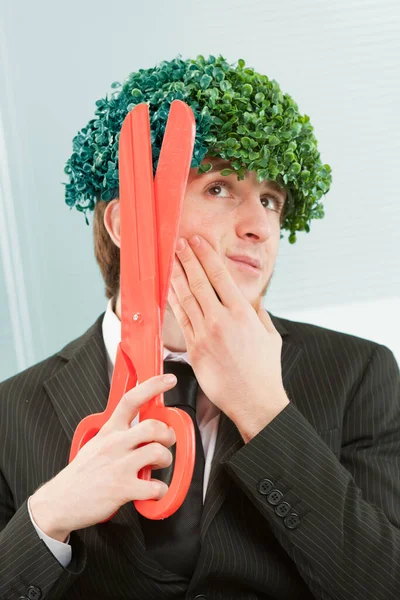 Clerk Black Pinstripes Office Nonchalantly Trims Tuft Hair Leaf Pruning — Stock Photo, Image