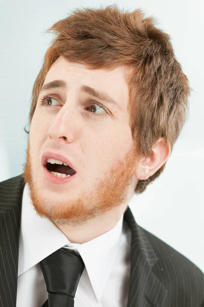 Close Portrait Young Man Short Red Hair Beard Frightened Expression — Stock Photo, Image