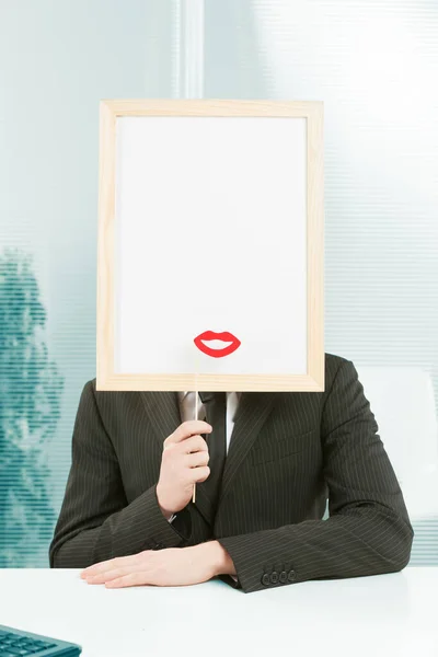 Man Framed Sign Head Office Also Places Female Lip Shape — Stock Photo, Image