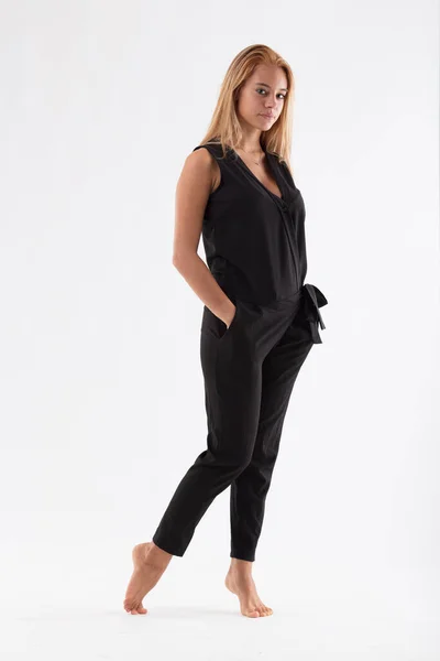 Barefoot Blonde Girl Wearing Black Jumpsuit Striking Fashion Poses Walking — Stock Photo, Image