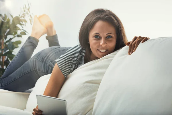 Young Woman Lounging Edge Backrest White Couch Lazily Contorted Because — Stock Photo, Image