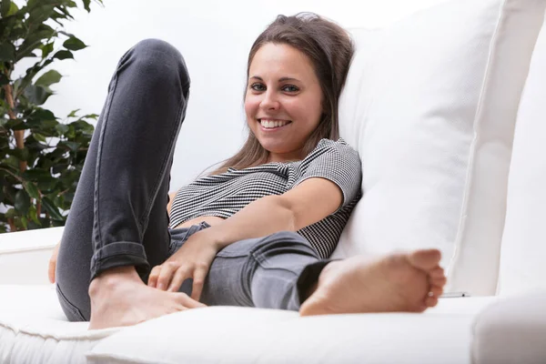 Cute Attractive Friendly Young Woman Sitting Relaxed Contorted Positions Her — Stock Photo, Image