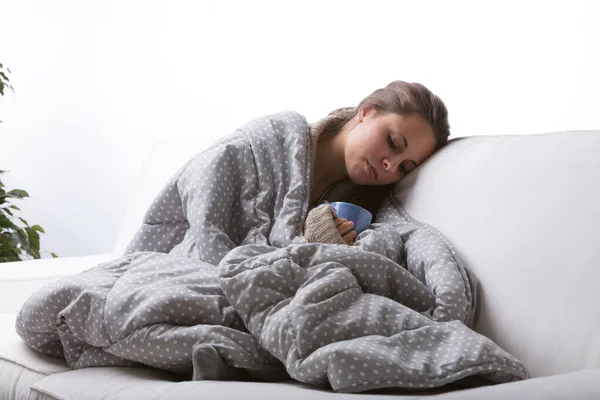 Ill Chilled Young Woman Seeks Comfort Sitting Wrapped Warm Quilt — Stock Photo, Image